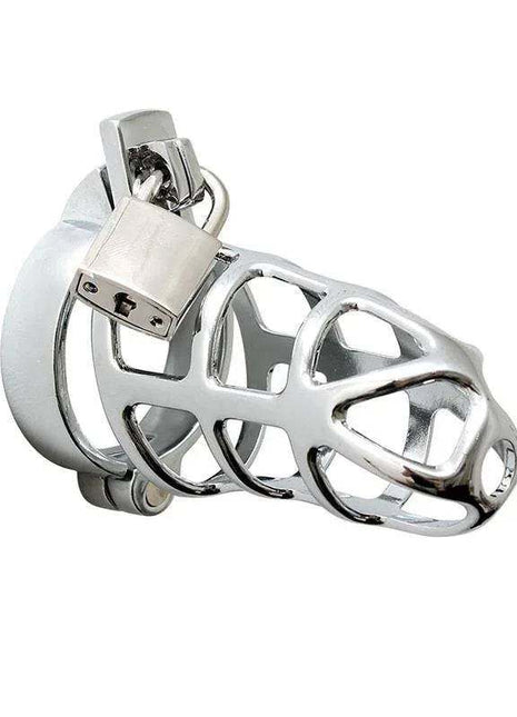 Penis Chastity 45 MM device in polished silver metal, featuring an open cage design and rectangular locking clasp