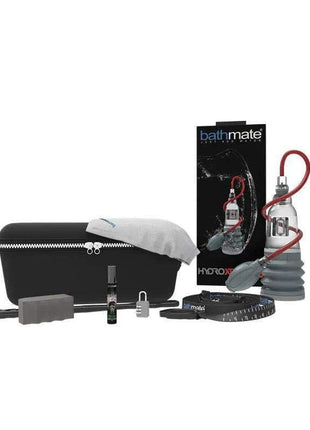 Penis Pump Hydroxtreme3 kit with clear cylinder, grey bellows, red hose, pump bulb and black zip case