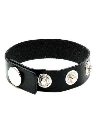 Penis Ring Adjustable in black leather with silver-tone snap fasteners and a wraparound strap design