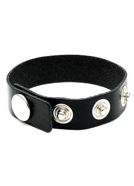 Penis Ring Adjustable in black leather with silver-tone snap fasteners and a wraparound strap design