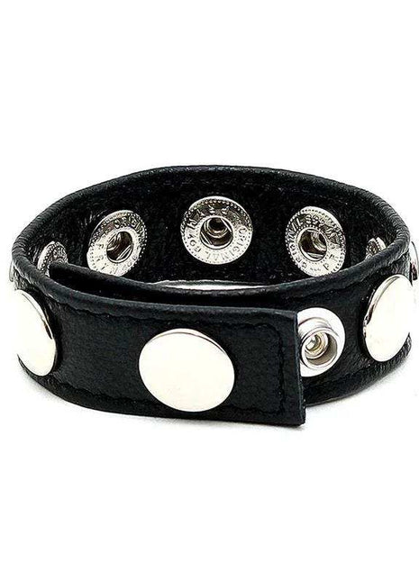 Penis Ring Adjustable black leather strap with silver-tone snap studs and multiple fastening positions
