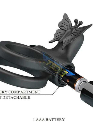 Penis Ring Passionate IX black silicone ring with a raised butterfly detail and attached cylindrical vibrating unit