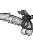 Penis Ring Passionate IX in black and translucent material, with a butterfly-shaped vibrating attachment and dual rings