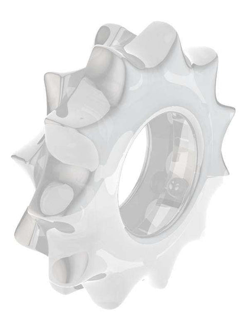 Penis Ring Power Plus, translucent white flexible TPE ring with raised textured nubs and a clear oval insert.