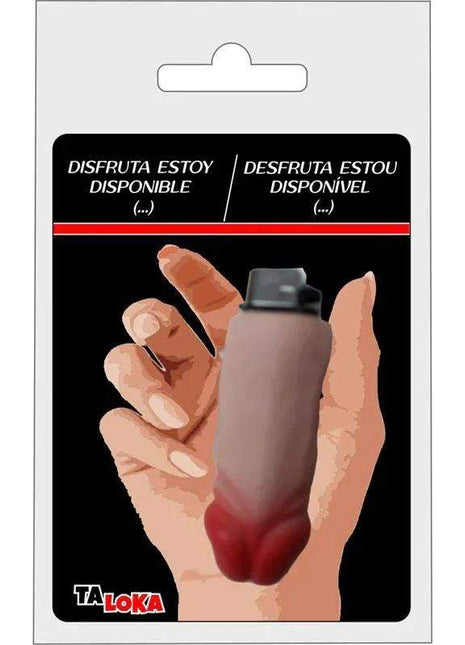 Penis-shaped lighter in muted pink with a red tip and black ignition top, shown held in a hand
