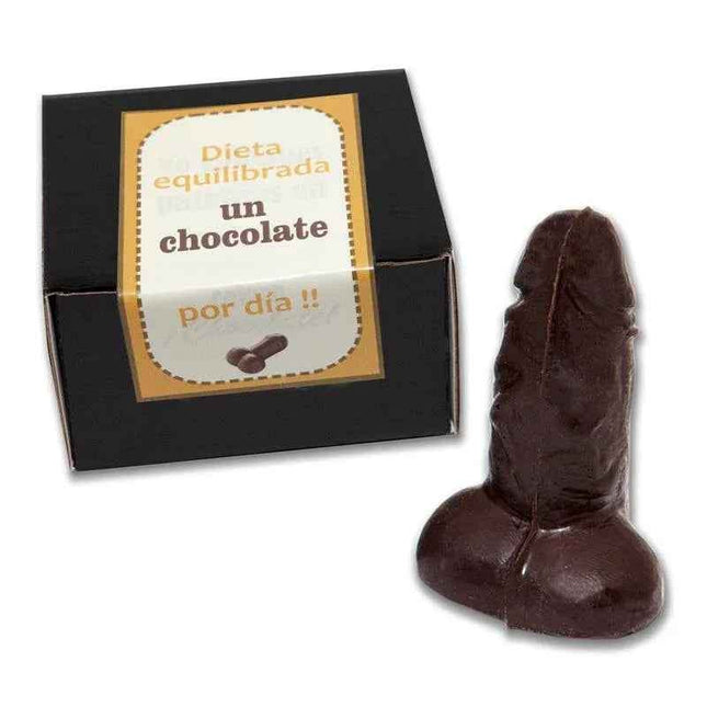 Penis shaped pure chocolate 100 gr bar on white background, unique playful design confectionery gift