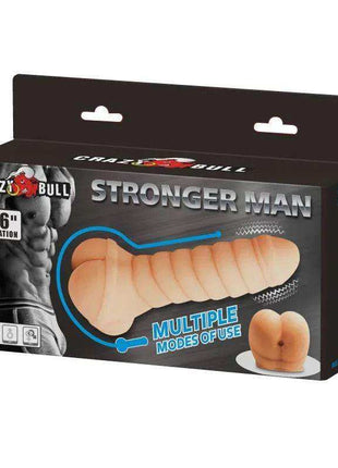 Penis Sleeve and Stimulator in peach-toned silicone, with a ribbed sleeve and rounded stimulator shown on product packaging
