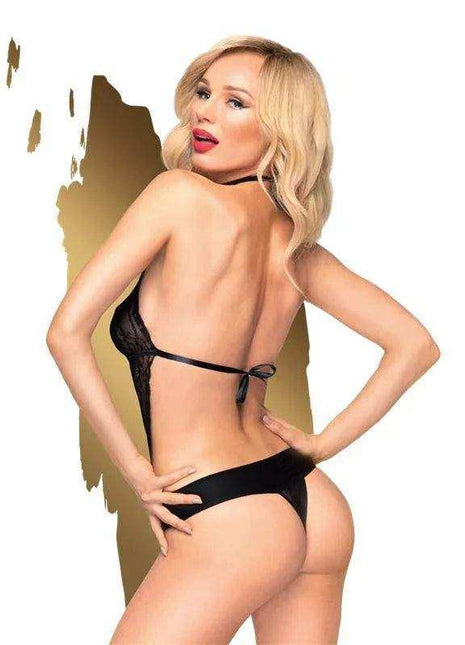 Perfect Lover Teddy Black lingerie in sheer black lace with a plunging open-back design and thin tie straps