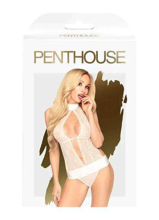 Perfect Lover Teddy White product box featuring a blonde model wearing white sheer lace lingerie with a halter neckline