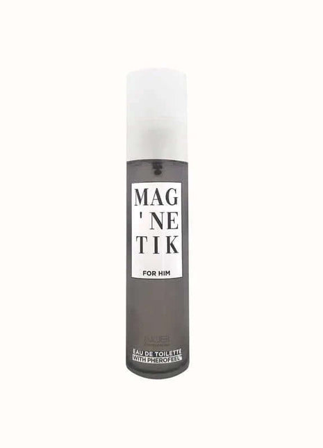 Men’s eau de toilette spray, Perfum with Pheromones, in a dark gray cylindrical bottle with a white cap and label.