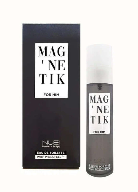 Perfum with Pheromones MAGNETIK for Him in a dark rectangular box beside a grey spray bottle with a white cap