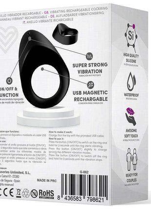 Picker Silicone Couple Cockring, black silicone vibrating ring with an open loop, USB magnetic charging and button control