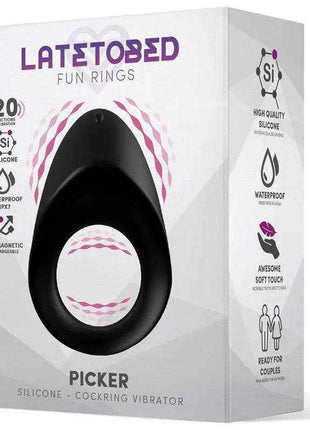 Picker Silicone Couple Cockring packaged black silicone vibrating ring with an oval opening and pink wave accents