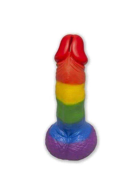 Piggy Bank with LGBT Flag in a sculpted phallic shape, painted with bright rainbow bands and a textured surface