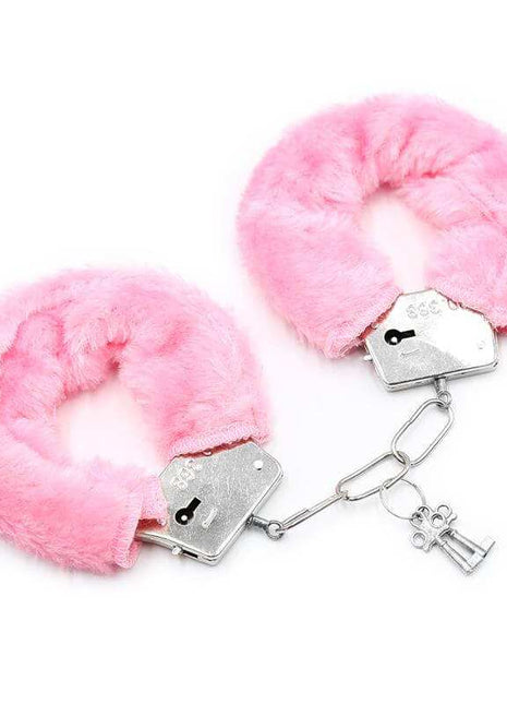 Pink Furry Metal Handcuffs with plush pink faux fur cuffs, silver metal clasps, connecting chain and keys