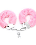 Pink Furry Metal Handcuffs with plush pink fur covering silver metal cuffs, linked chain and two keys.
