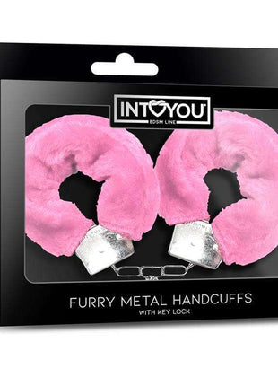 Pink Furry Metal Handcuffs with plush pink fur covering silver metal cuffs, linked by a chain with keys