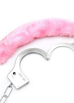 Pink Furry Metal Handcuffs with silver metal cuffs and chain, shown beside a detached pink faux fur cover