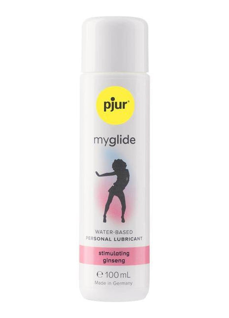 Pjur My Glide Lubricant in a white 100 ml bottle with a yellow logo, pink band and dancer silhouette