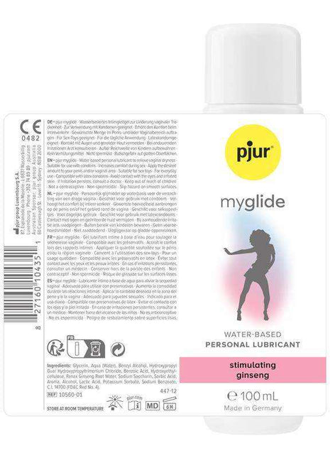 Pjur My Glide Lubricant in a white 100 ml bottle with a yellow logo, pink label band and dancer silhouette