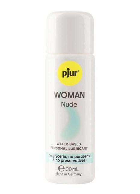 Pjur Woman Nude water-based lubricant in a white 30 ml bottle with yellow logo and teal accent