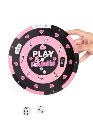 Play & Roulette game set with a pink and black printed roulette wheel, heart motifs and two white dice