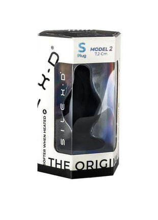 Plug Anal Model 2 S black silicone anal plug in a clear-front retail box, with a tapered body and flared base
