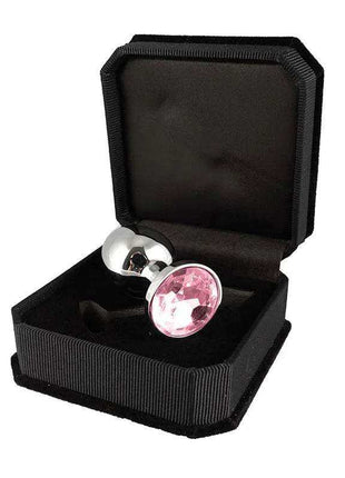Plug Metal 7,3 cm, silver metal plug with a prominent oval pink gem displayed in a black presentation box