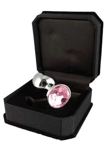 Plug Metal 7,3 cm, silver metal plug with a prominent oval pink gem displayed in a black presentation box