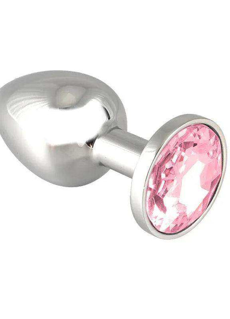 Plug Metal 7,3 cm, a polished silver metal plug with a prominent round faceted pink gemstone at the end