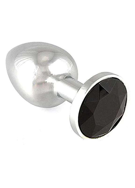 Plug XS con Cristal with a clear, rounded body, slim silver stem and large faceted black crystal base