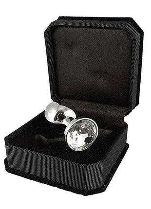 Plug XS with Cristal silver metal anal plug featuring a large clear faceted crystal, displayed in a black presentation box