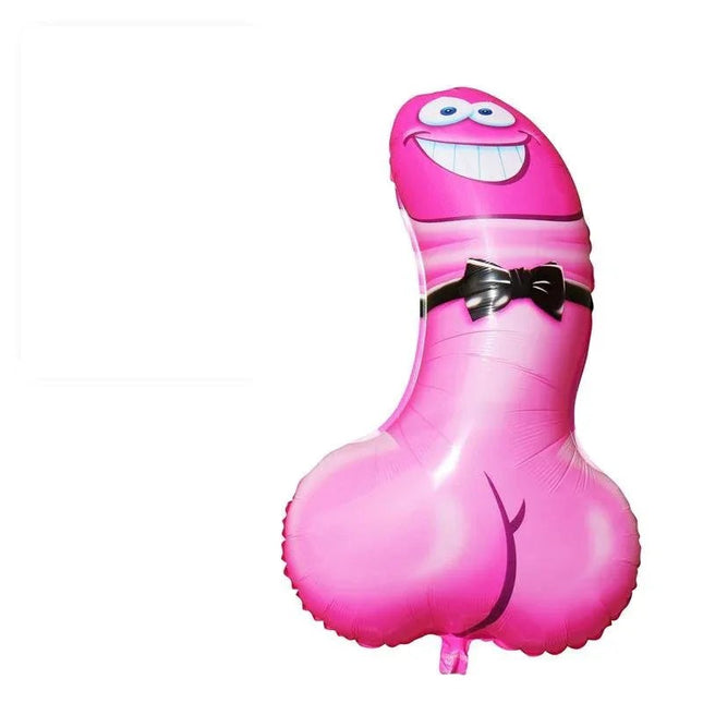 Bright pink polyamide balloon shaped like a penis for adult party decor and bachelorette celebrations