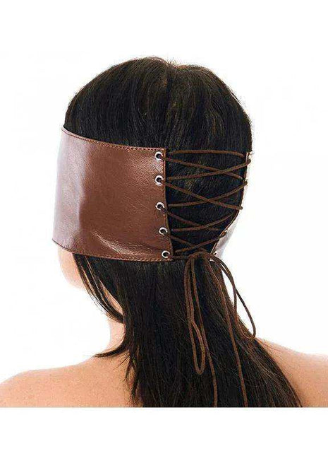 Premium Blindfold in brown leather with a wide eye-covering band, metal eyelets and crisscross lacing at the back