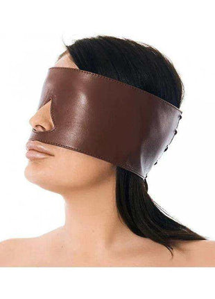 Premium Blindfold in smooth dark brown leather-like material, with a wide wraparound design covering the eyes.