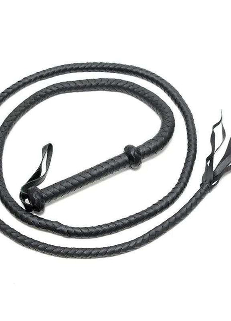 Premium Leather Performance Whip in black braided leather with a looped handle, coiled lash, and split tails
