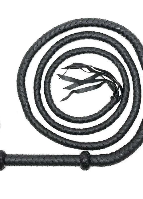 Premium Leather Performance Whip in black braided leather, coiled with a wrapped handle and loose narrow tails