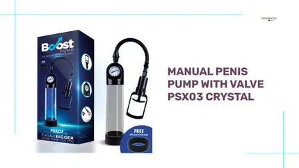 Manual Penis Pump with Valve PSX03 Crystal premium adult wellness product with packaging and pump design.