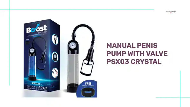 Manual Penis Pump with Valve PSX03 Crystal premium adult wellness product with packaging and pump design.
