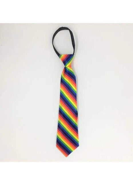 Pride Flag Tie LGBT+ in vivid diagonal rainbow stripes with a black adjustable neck strap and pointed tip