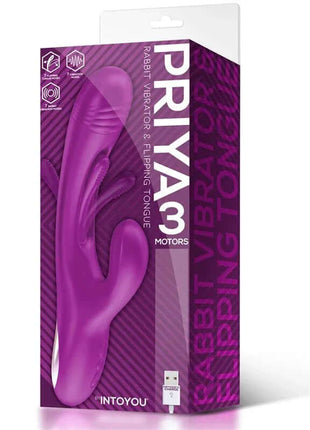 Priya Vibe silicone vibrator in purple, shown with its retail box featuring a curved rabbit design and flipping tongue.