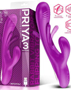 Priya Vibe purple silicone rabbit vibrator with curved clitoral arm, ribbed shaft and matching retail packaging