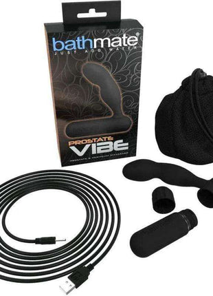 Prostate and Perineum Vibe set in black, with a curved vibrator, USB charging cable, storage pouch and retail box