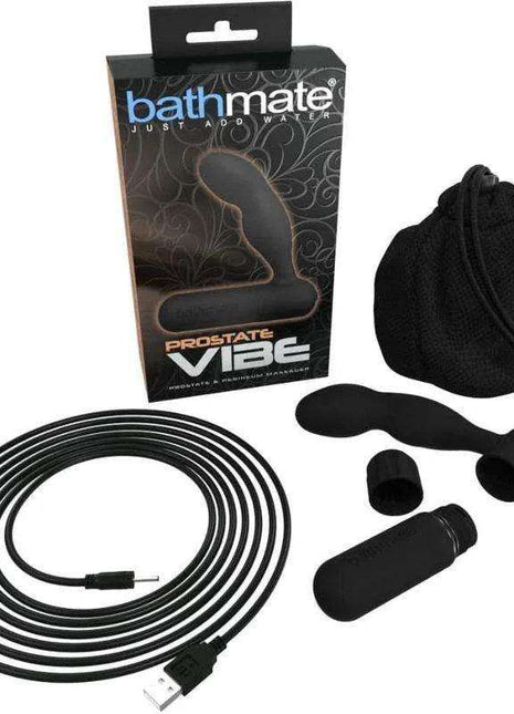 Prostate and Perineum Vibe set in black, with a curved vibrator, USB charging cable, storage pouch and retail box