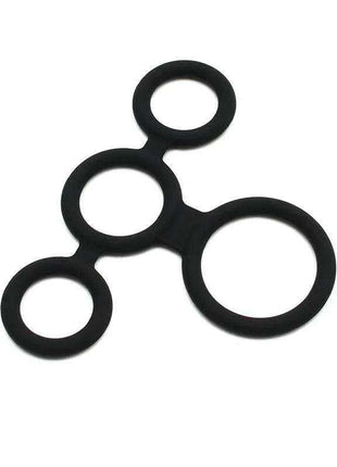 Quatro Cock Ring featuring four joined black rubber rings in varied sizes for a connected constriction design