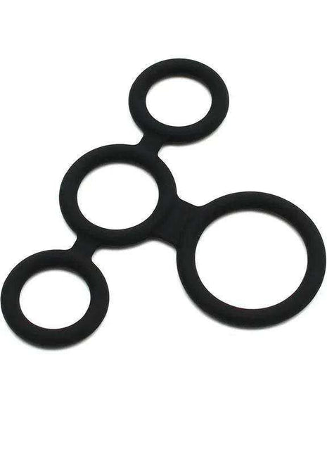 Quatro Cock Ring featuring four joined black rubber rings in varied sizes for a connected constriction design