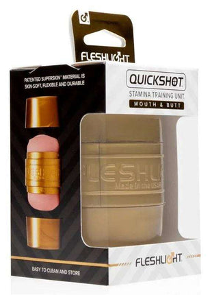 Quickshot Stamina Training Unit in gold-toned packaging with a beige ribbed sleeve and compact pink and gold insert