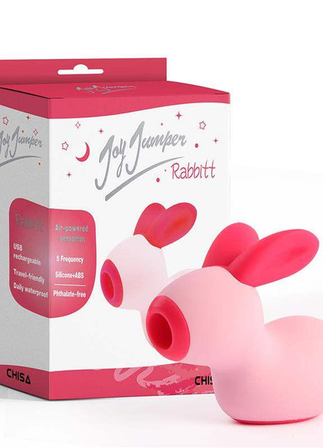 Rabbit Clitoris Sucker in smooth pink silicone with two rabbit ears, a rounded body and circular suction nozzle