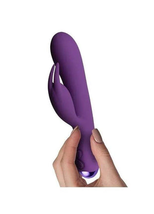 Rabbit Vibe with 2 Motors in purple silicone, with a curved shaft, rabbit-ear clitoral stimulator and control buttons