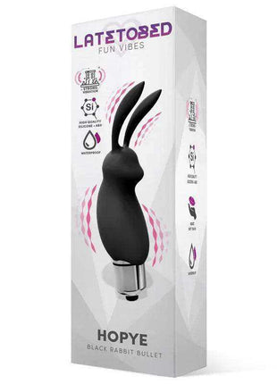Rabbit Vibrating Bullet in black silicone with a rabbit-shaped head, shown on its white Hopye product box